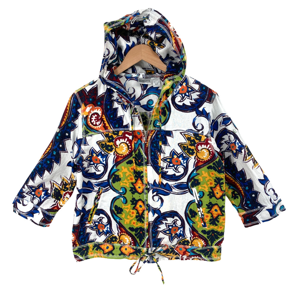 Chico's Paisley Print Hooded Zip Jacket Multicolor Cotton Lightweight Art Size 0